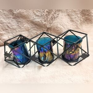Halloween Black Metal 3 Candle Holder w Oil Slick Glass